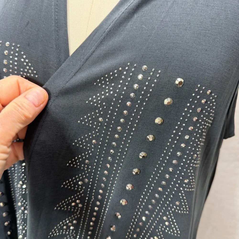 VOCAL USA Black Embellished Sleeveless Vest Rhinestone Sheer Back Medium - Picture 4 of 11